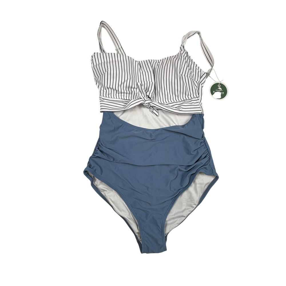 Eomenie Women Medium Blue Striped Cutout One Piece Swimsuit Ruched Tie Front NWT